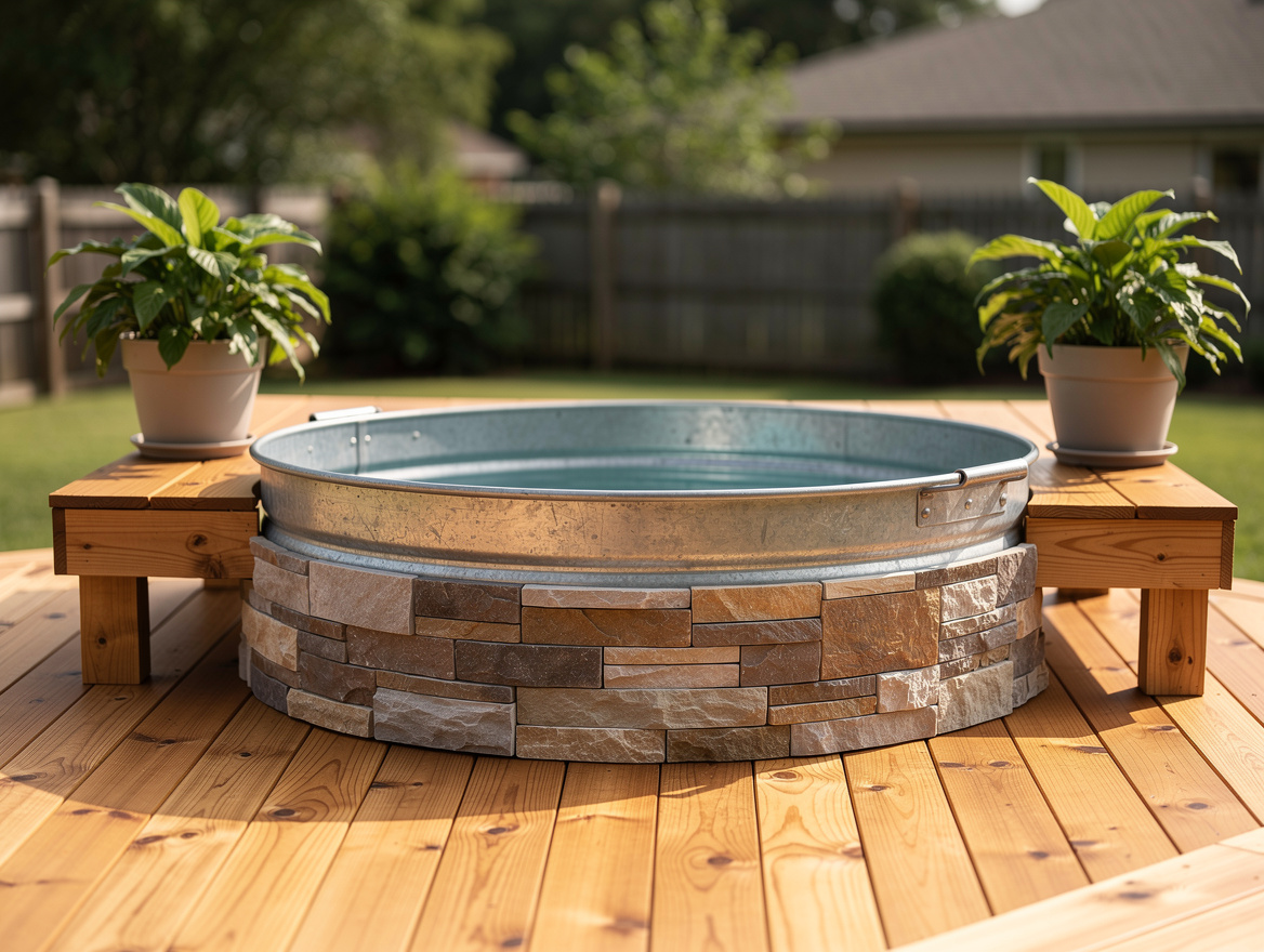 medium shot of a galvanized stock tank pool integrated into a pressure-treated w