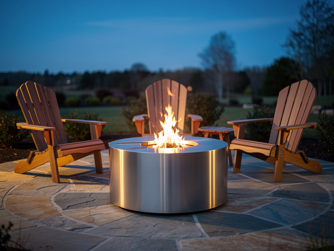 Realistic medium shot of a stainless steel smokeless fire pit surrounded by four
