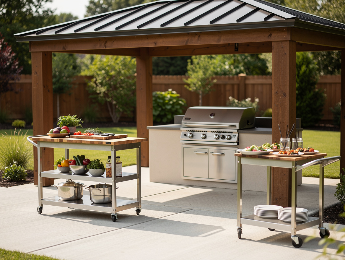 medium shot of two-cart outdoor kitchen layout on concrete patio, grill gazebo o