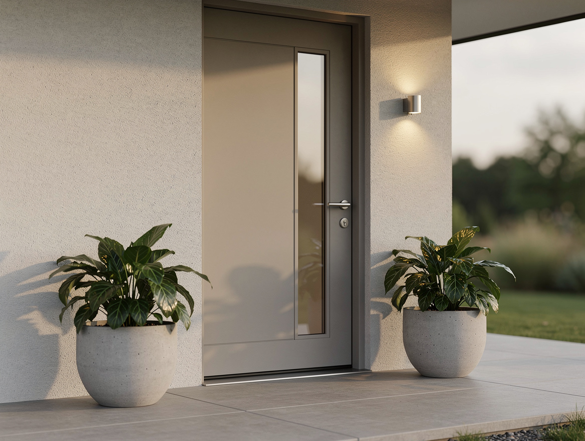 medium shot of a front entry with two oversized concrete planters and a warm LED