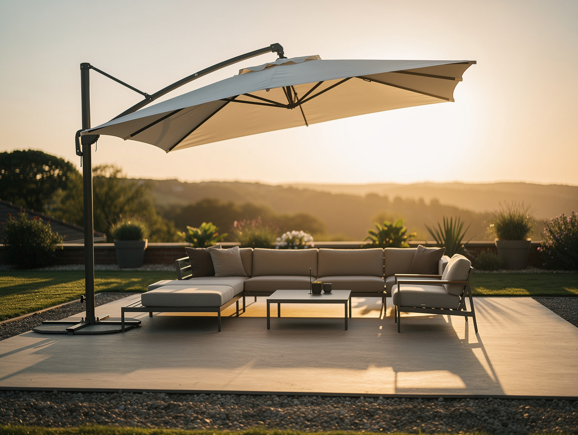medium shot of cantilever umbrella angled low to block western sun, casting long