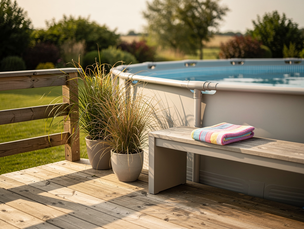 medium shot of partial wooden deck attached to round above-ground pool with towe