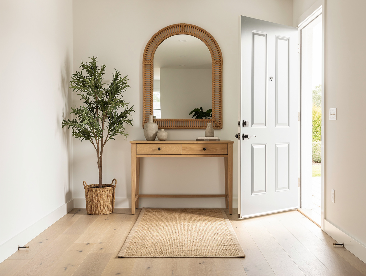 medium shot of narrow entryway with light wood console, rattan arch mirror above