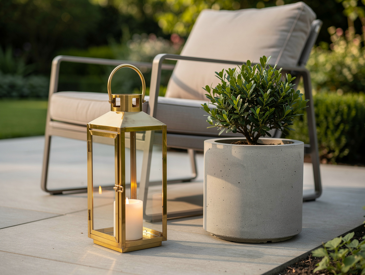medium shot of a single brass lantern and concrete planter beside an outdoor rea