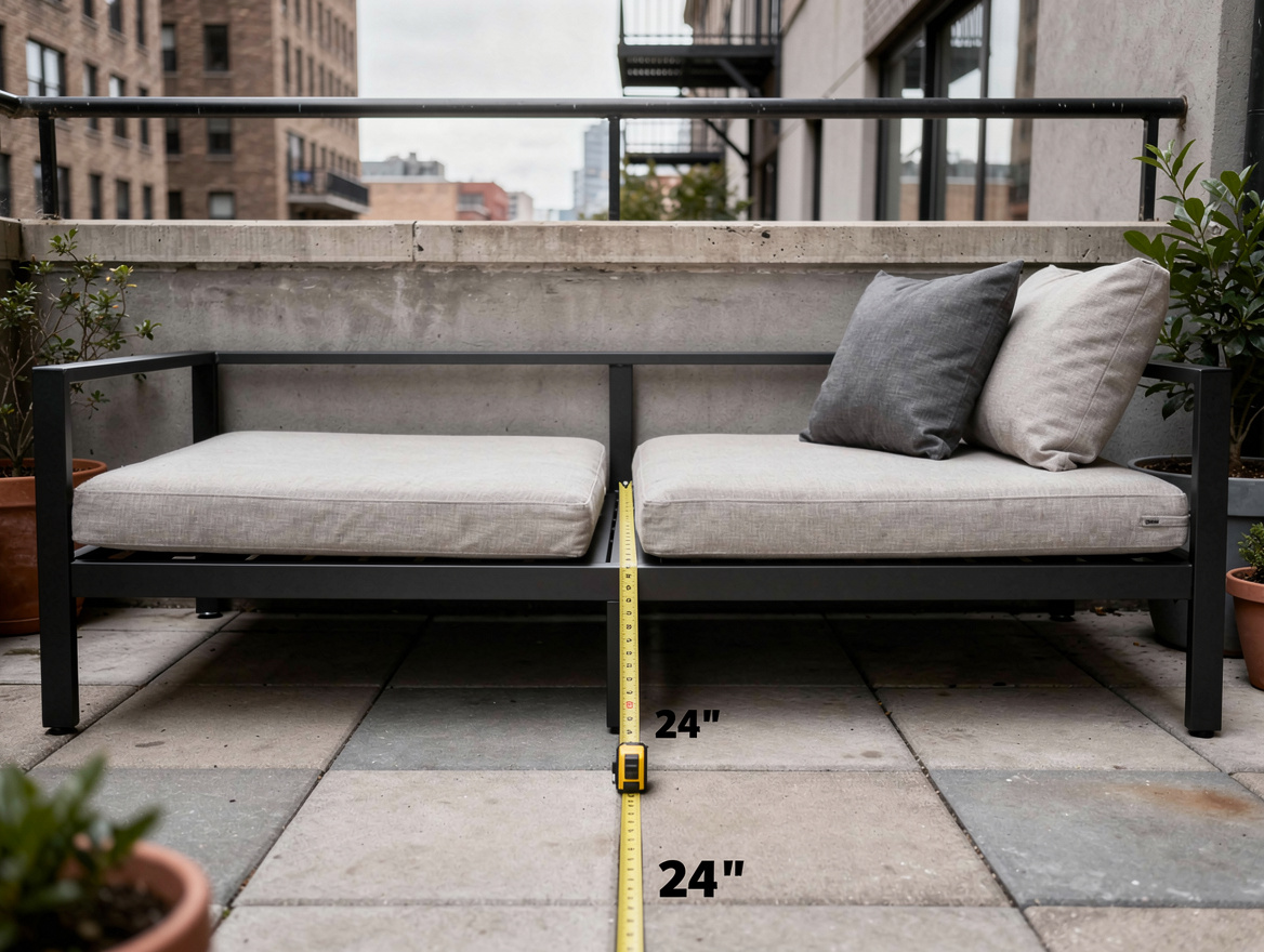 Medium shot of compact modular daybed on small urban patio with 24-inch walkway