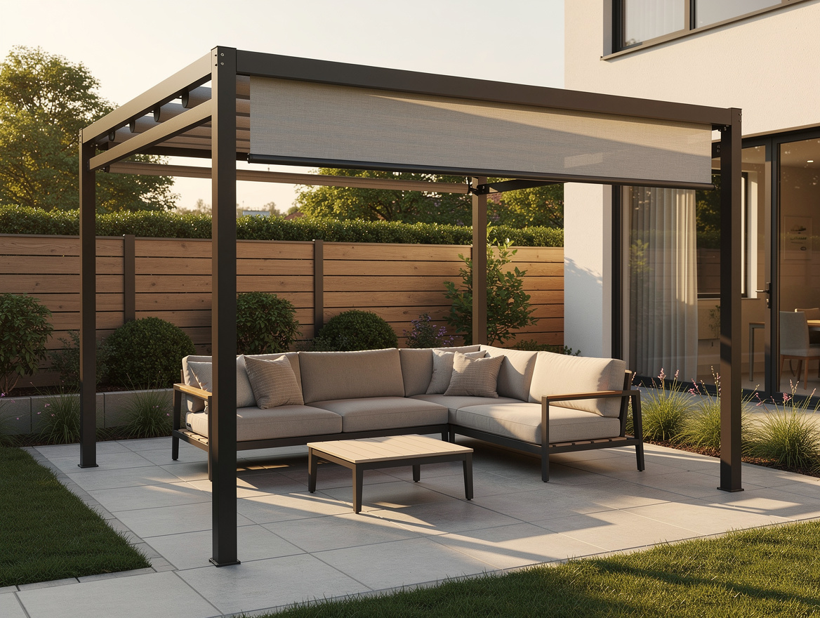 Medium shot of a steel pergola with retractable canopy over a proportional outdo