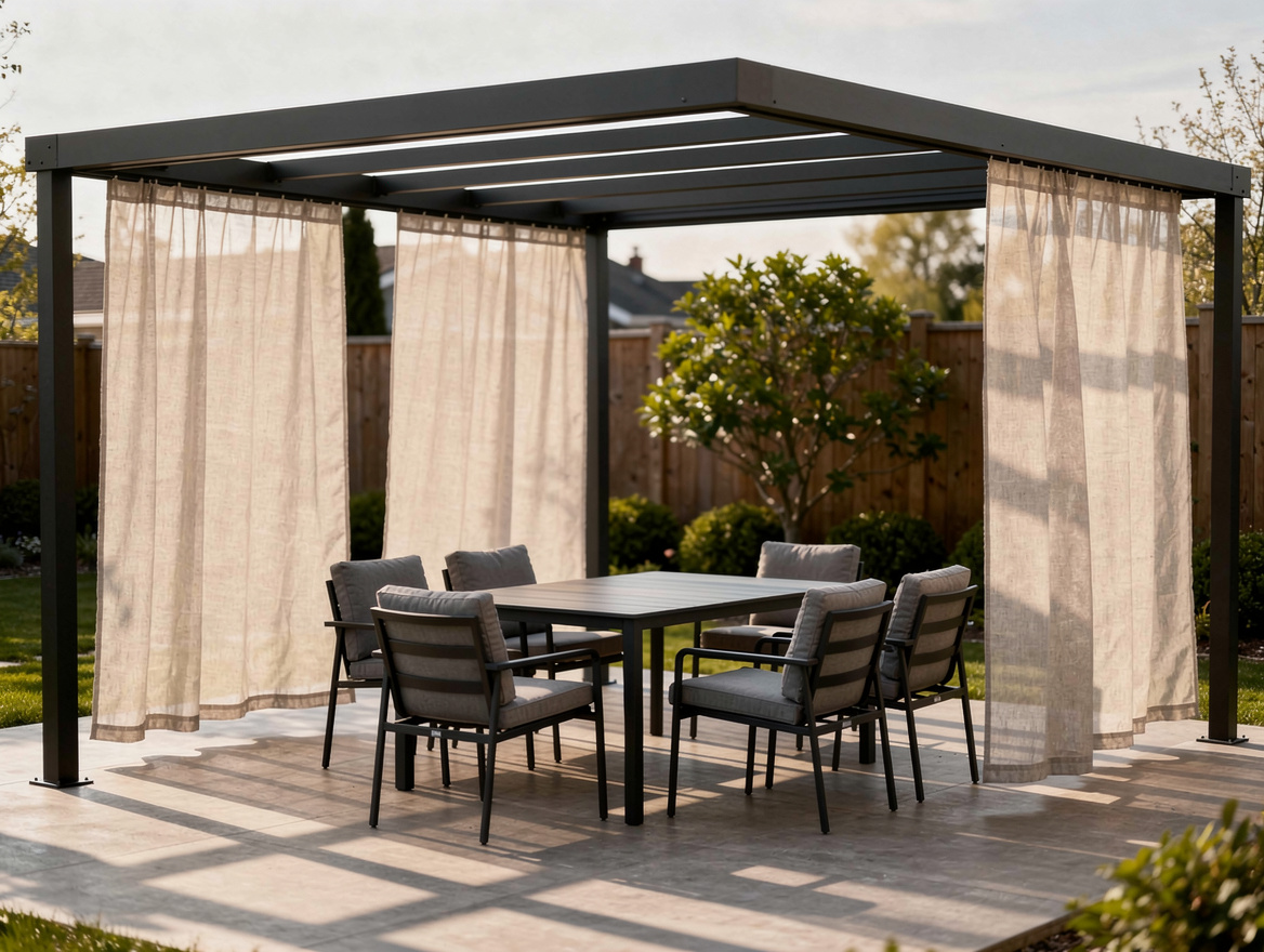 medium shot of a backyard patio with aluminum pergola and light outdoor curtains