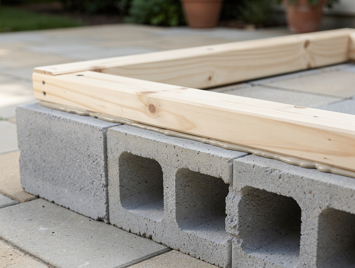 medium shot of cinder block base with hollow cores forming side walls, 2x4 frame