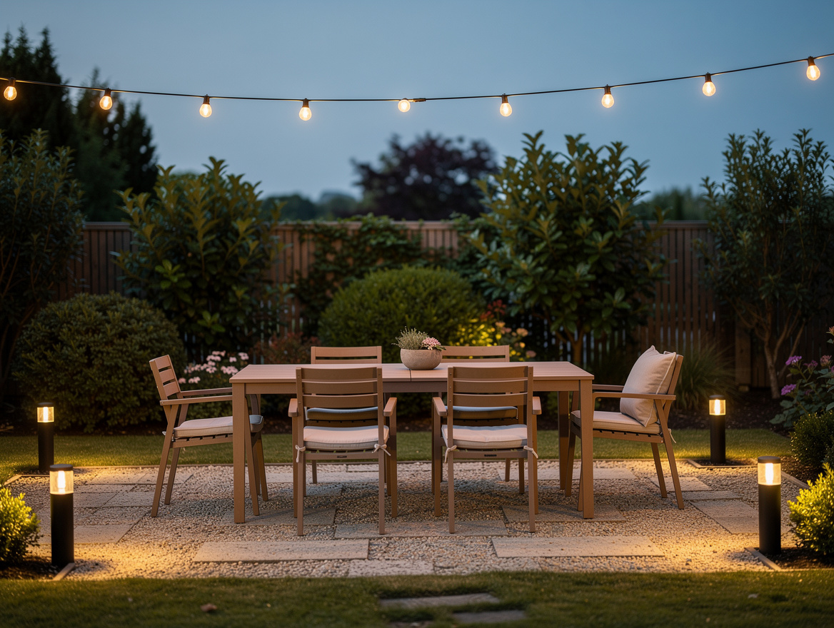 medium shot of backyard dining area with single café string line overhead and lo