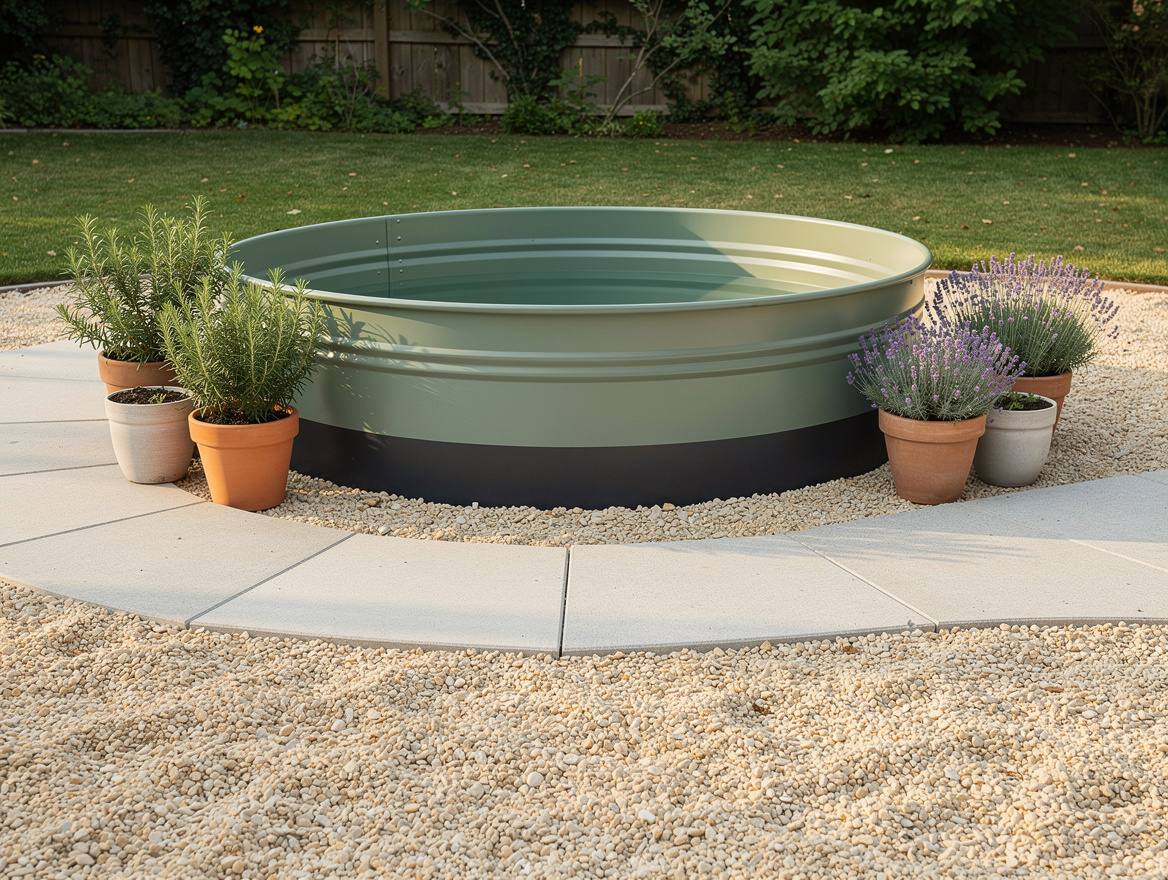 medium shot of a sage green painted stock tank pool with dark charcoal base band