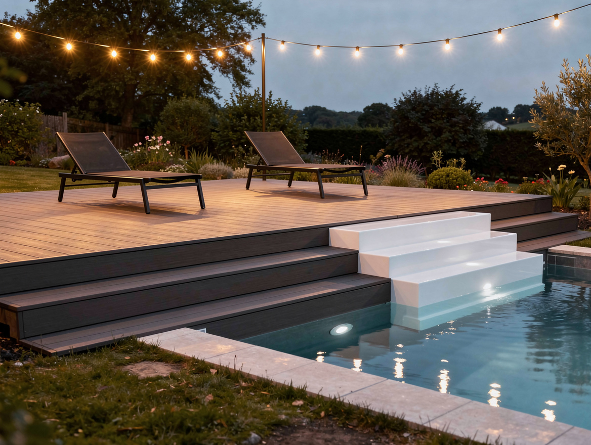 medium shot of composite deck steps with resin wedding-cake pool stairs, black m