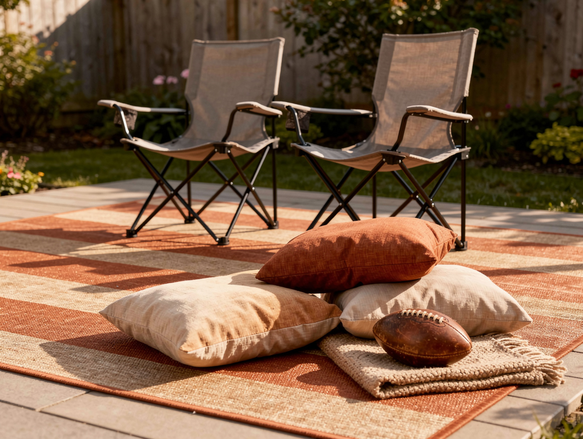 medium shot of backyard seating arrangement, polypropylene outdoor rugs in terra