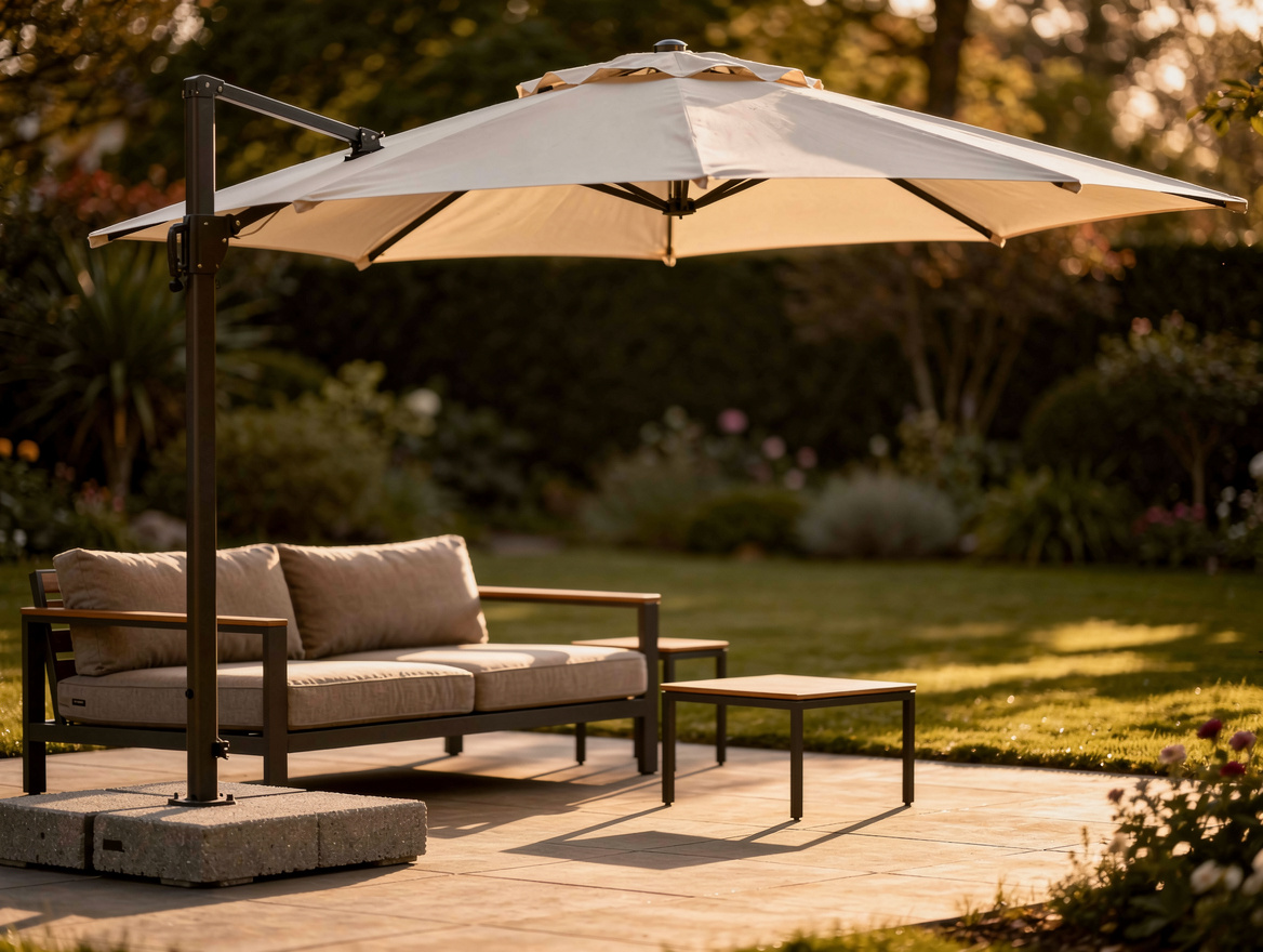 medium shot of a square cantilever umbrella with weighted paver base over a smal