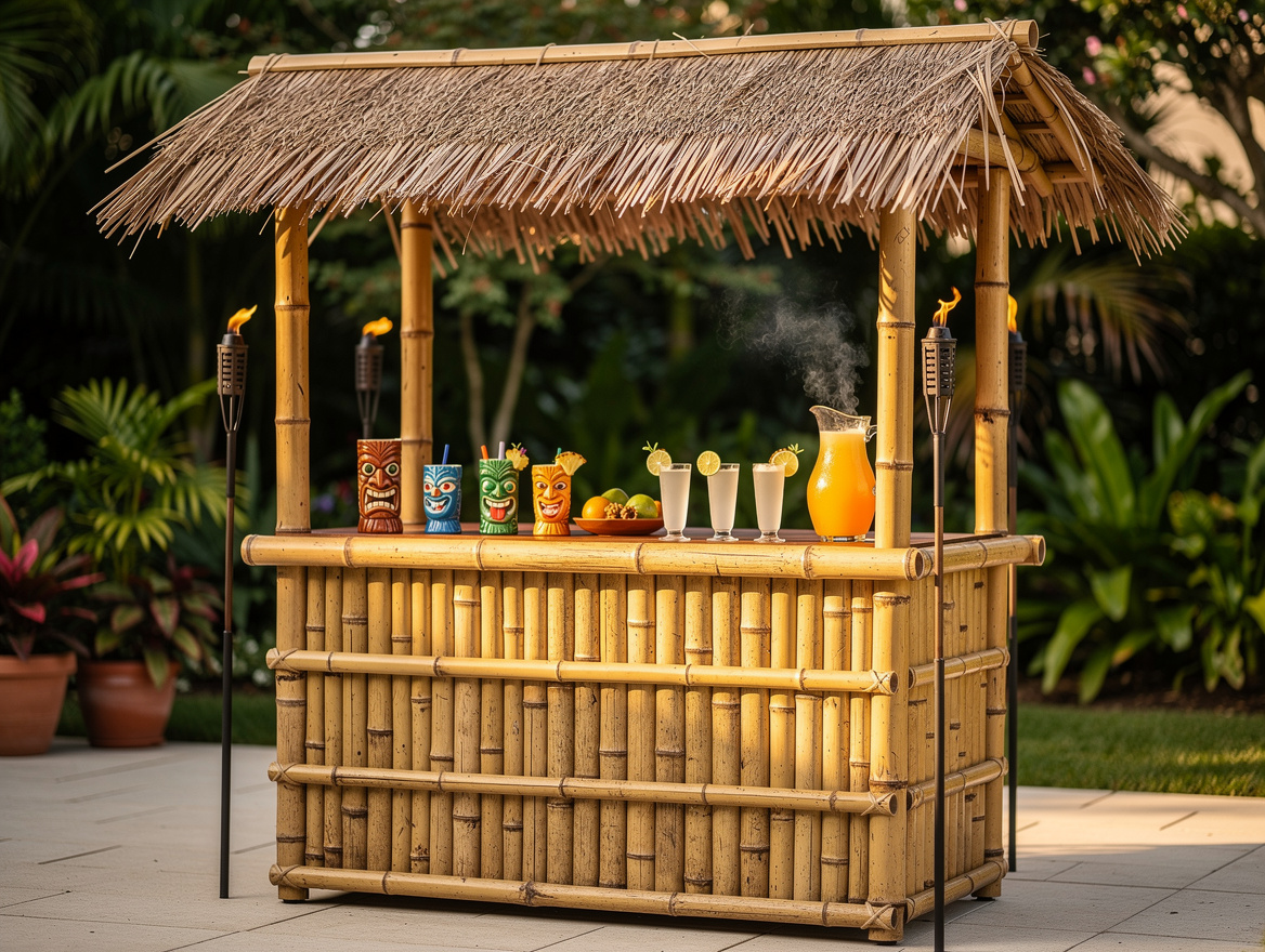 medium shot of DIY bamboo tiki bar with thatch roof, citronella torches lit, tro