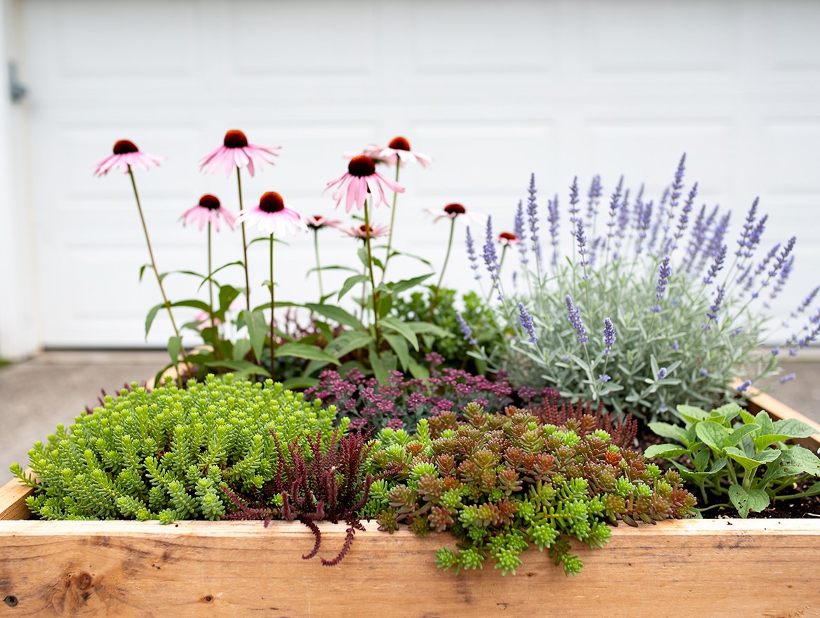 medium shot of raised bed with sedum, coneflowers, and Russian sage against whit