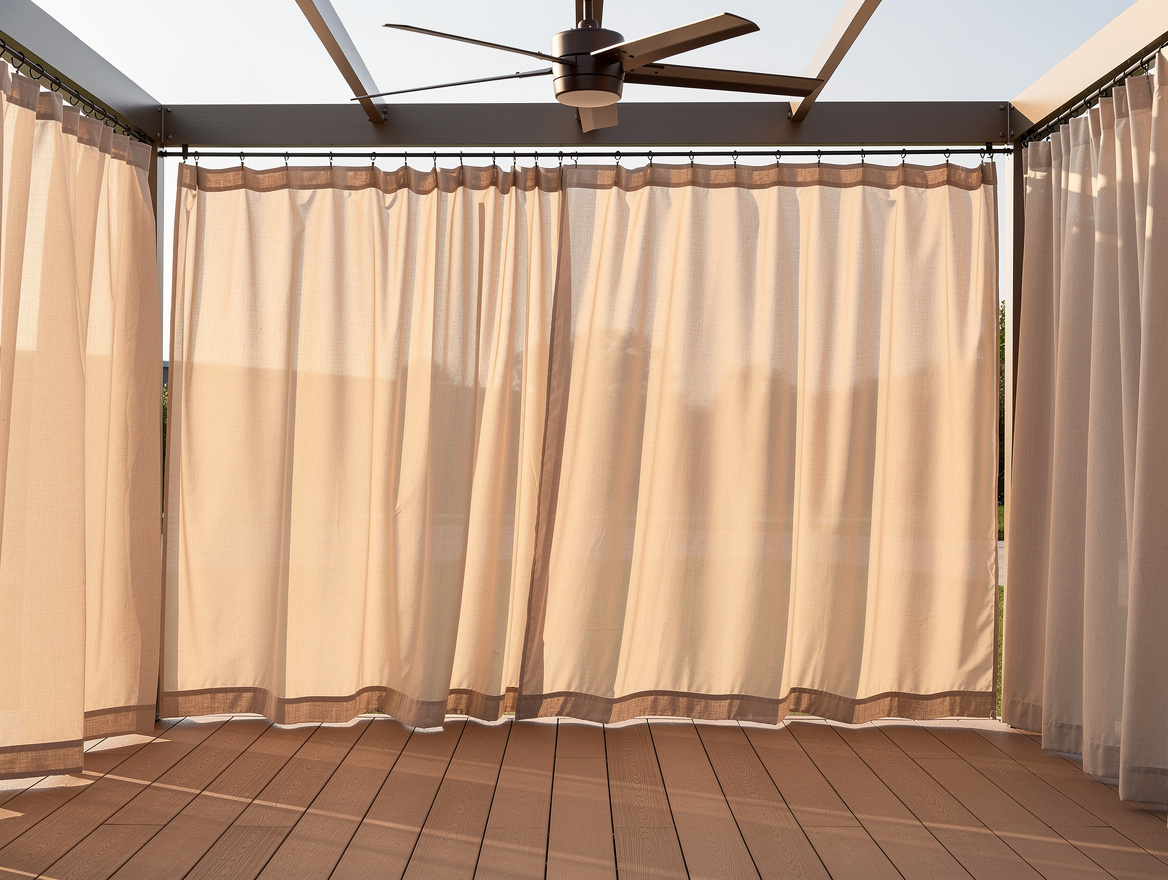 medium shot of sand-colored sheer curtains hanging from aluminum pergola with te