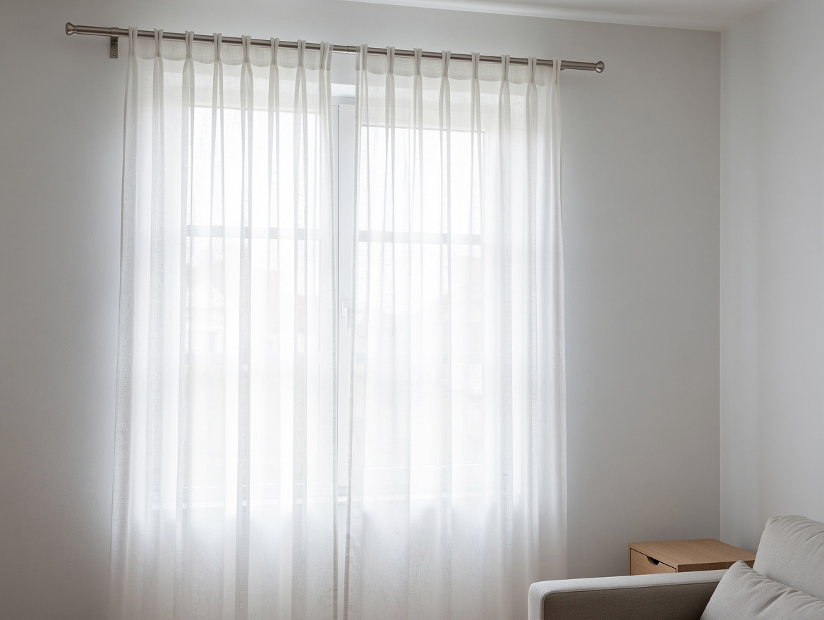 Medium shot of sheer white linen curtains hung high and wide on white wall, rod