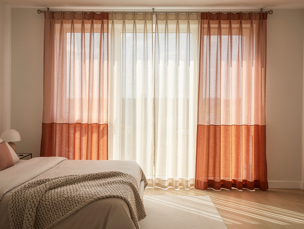 medium shot of floor-to-ceiling sheer curtains in sand and terracotta layers beh