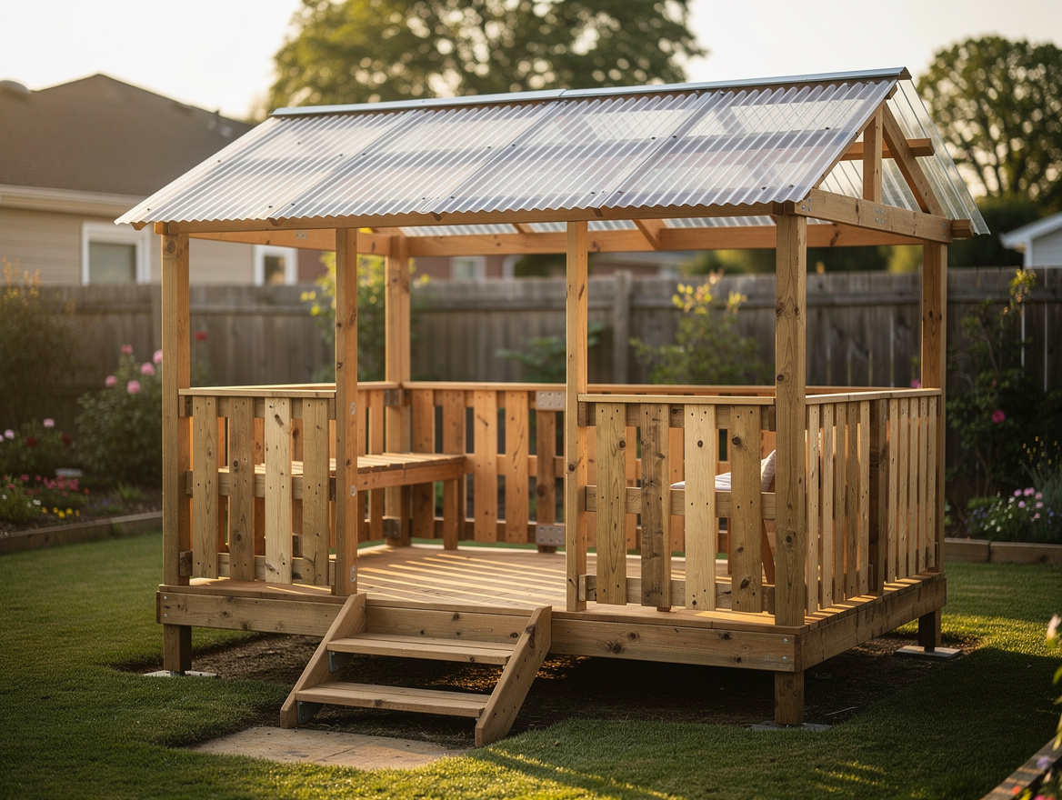 Medium shot realistic home-decor photo of a low backyard playhouse deck with pre