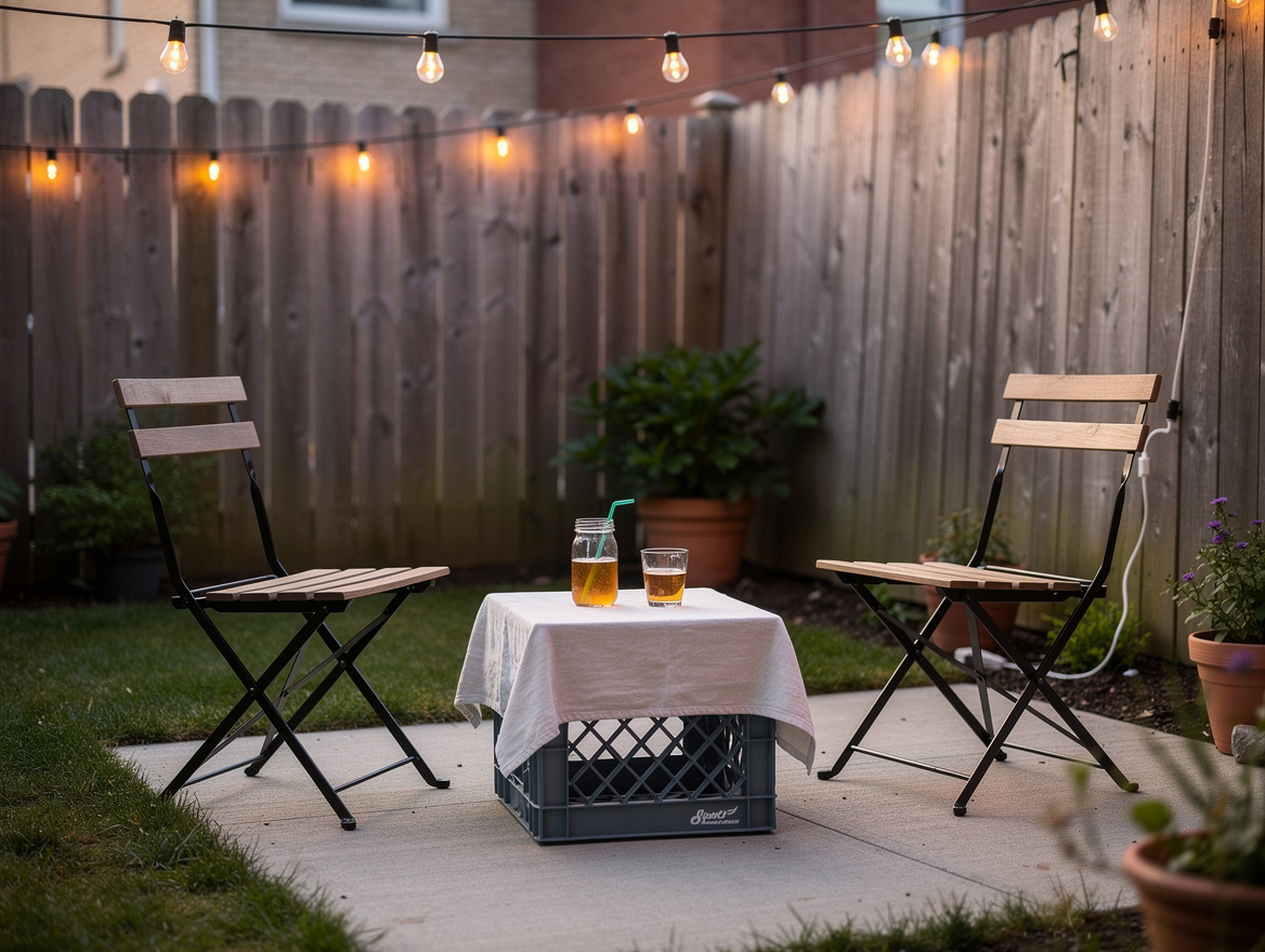 Medium shot of a small urban backyard seating zone with two folding chairs, plas