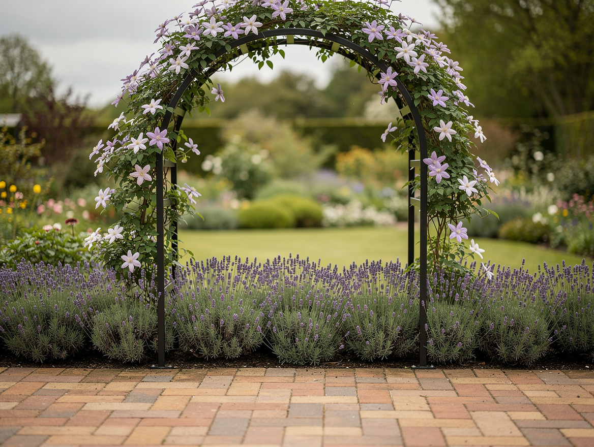 Medium shot of black powder-coated steel garden arch with climbing clematis and