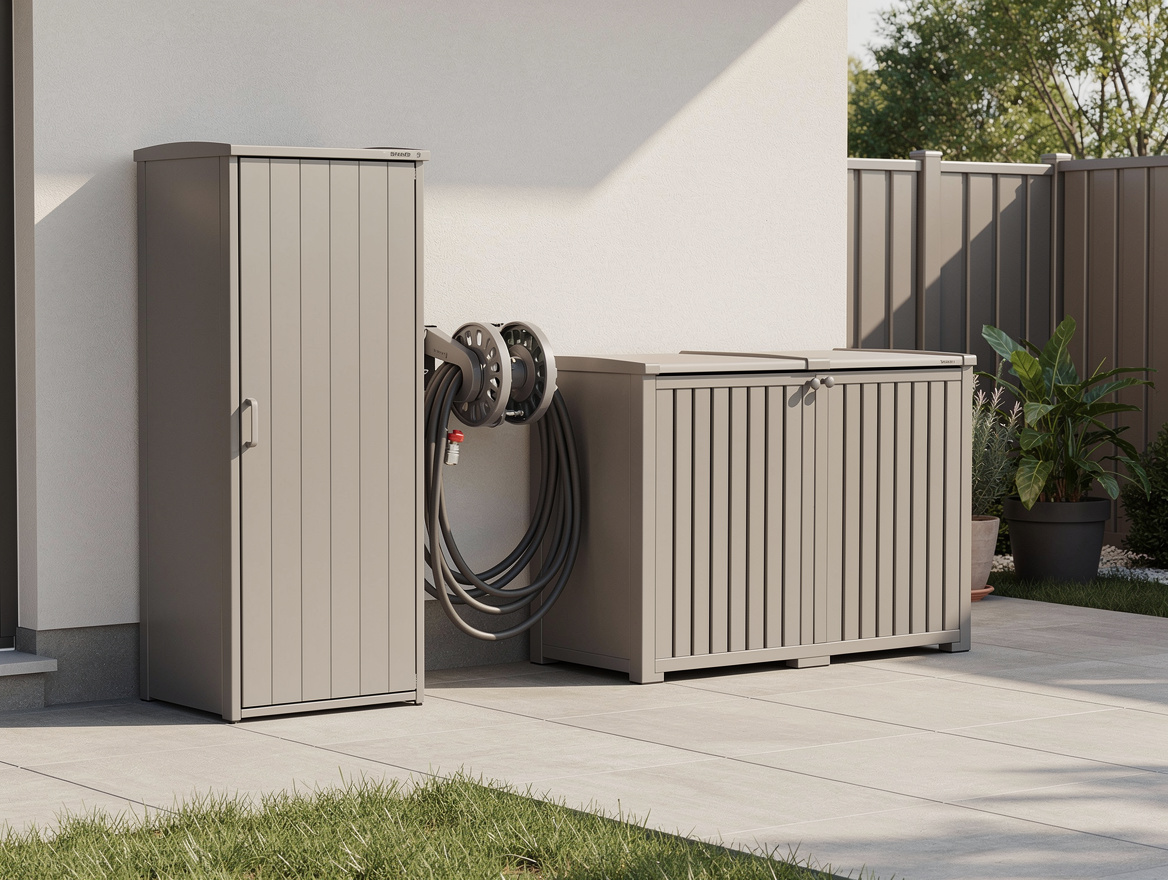 medium shot realistic photo of a backyard storage zone with vertical cabinet, ho