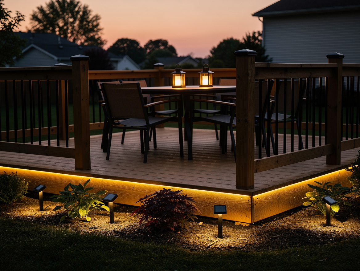 Medium shot of a cozy American backyard deck with under-rail LED glow, battery l