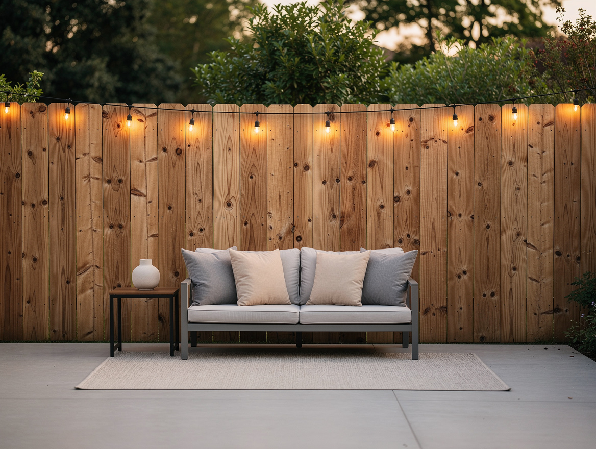 Medium shot realistic editorial photo of a repaired wood fence with warm string