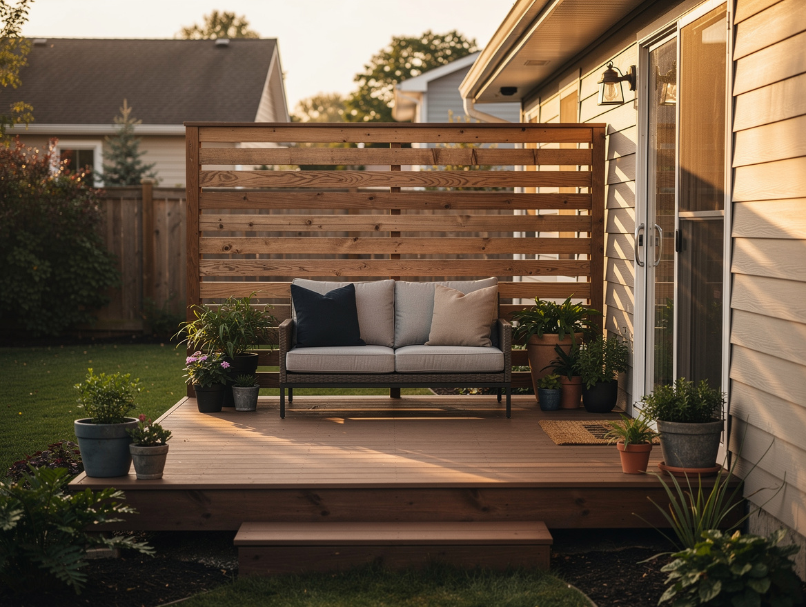 Medium shot of a narrow backyard deck along the back of a house, compact lovesea