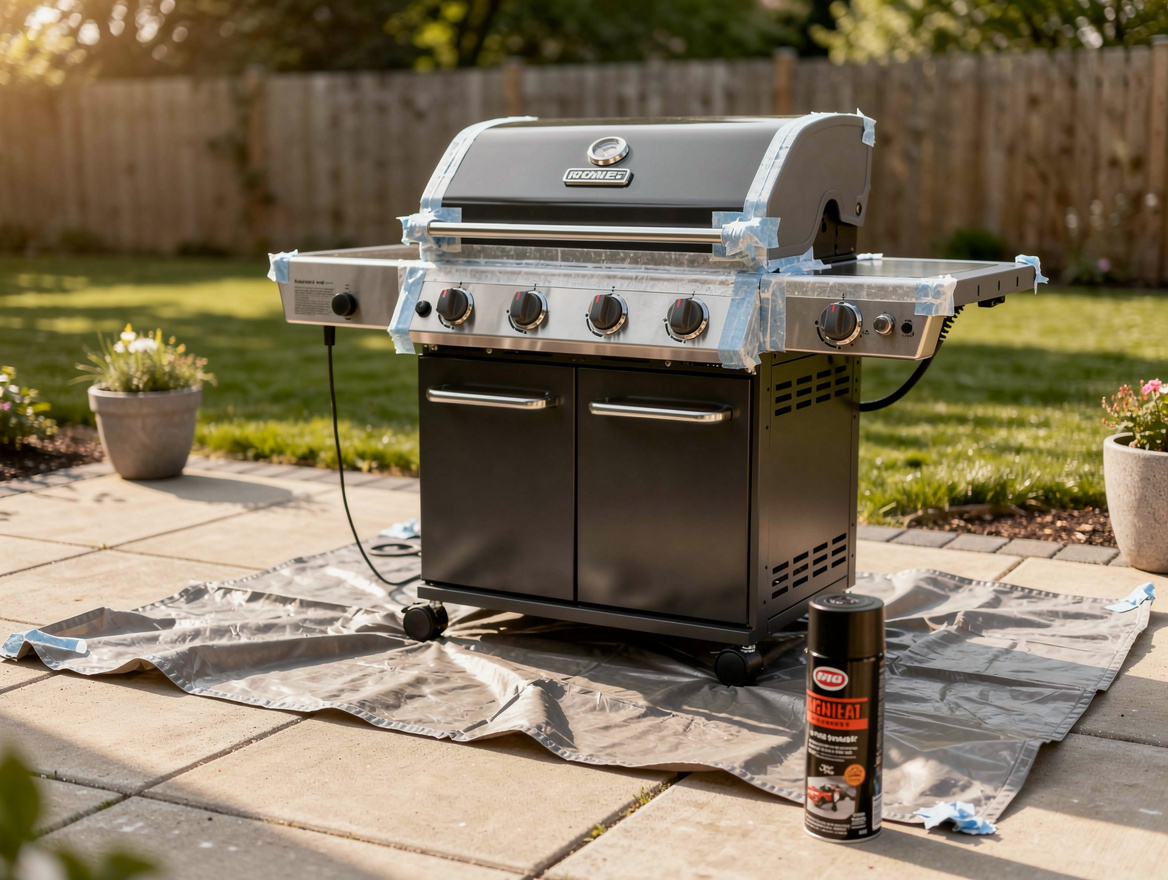 Medium shot of a refreshed gas grill with masked knobs, a can of high-heat black