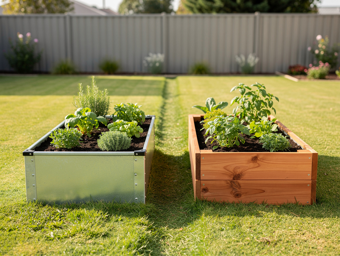 Medium shot of two raised garden beds on a lawn with a narrow grass path between