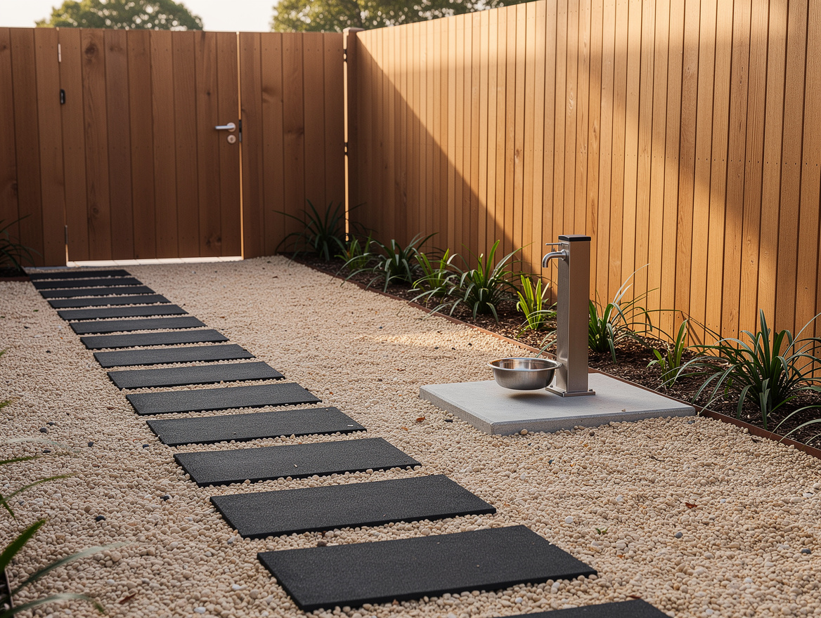 Medium shot of a backyard side path with rubber pavers and smooth pea gravel, pe