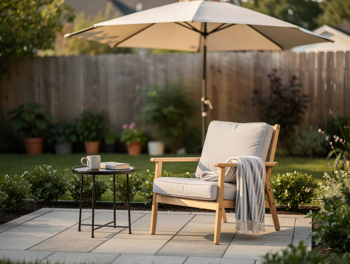 Medium shot of a compact backyard reading corner with an IKEA-style lounge chair