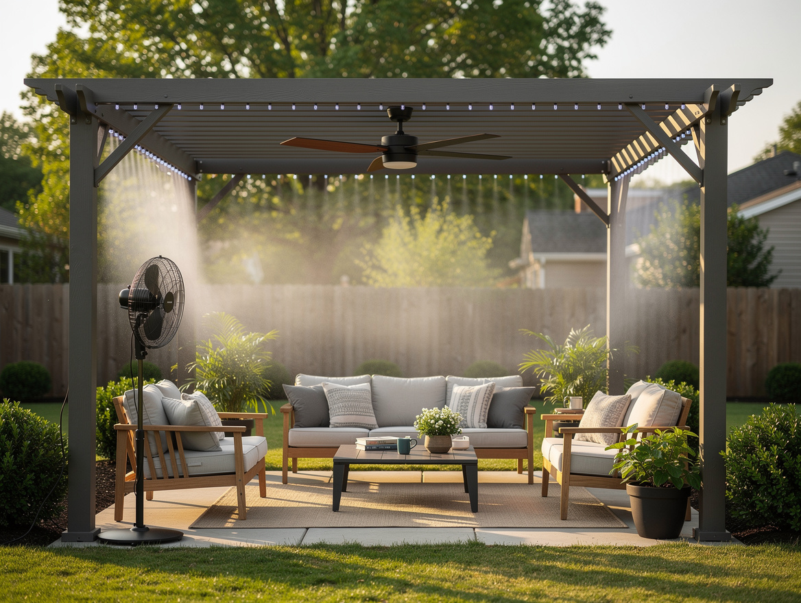 Medium shot of a covered pergola patio with an outdoor ceiling fan, pedestal fan