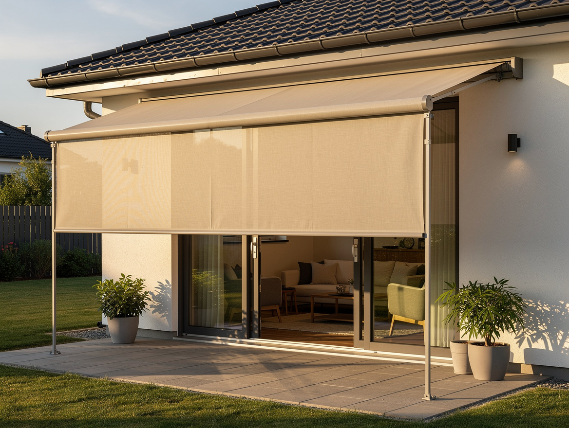 medium shot of beige manual awning extended over sliding glass door with light-f