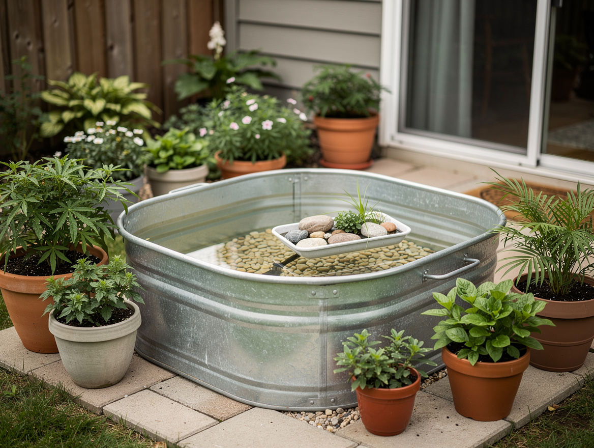 Medium shot of a tiny patio water feature made from a 2 x 2 x 4 foot stock tank