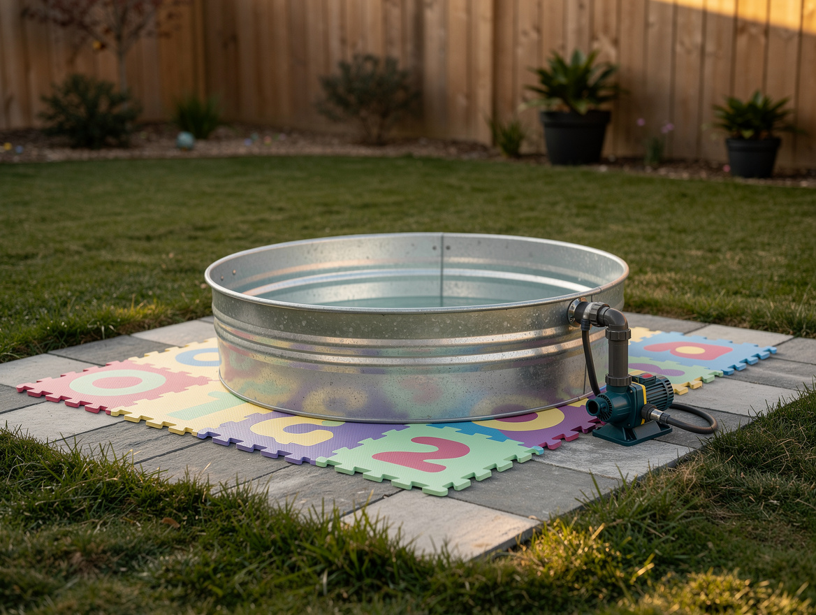 Medium shot of a DIY splash pad area with a small stock tank on pavers, EVA foam
