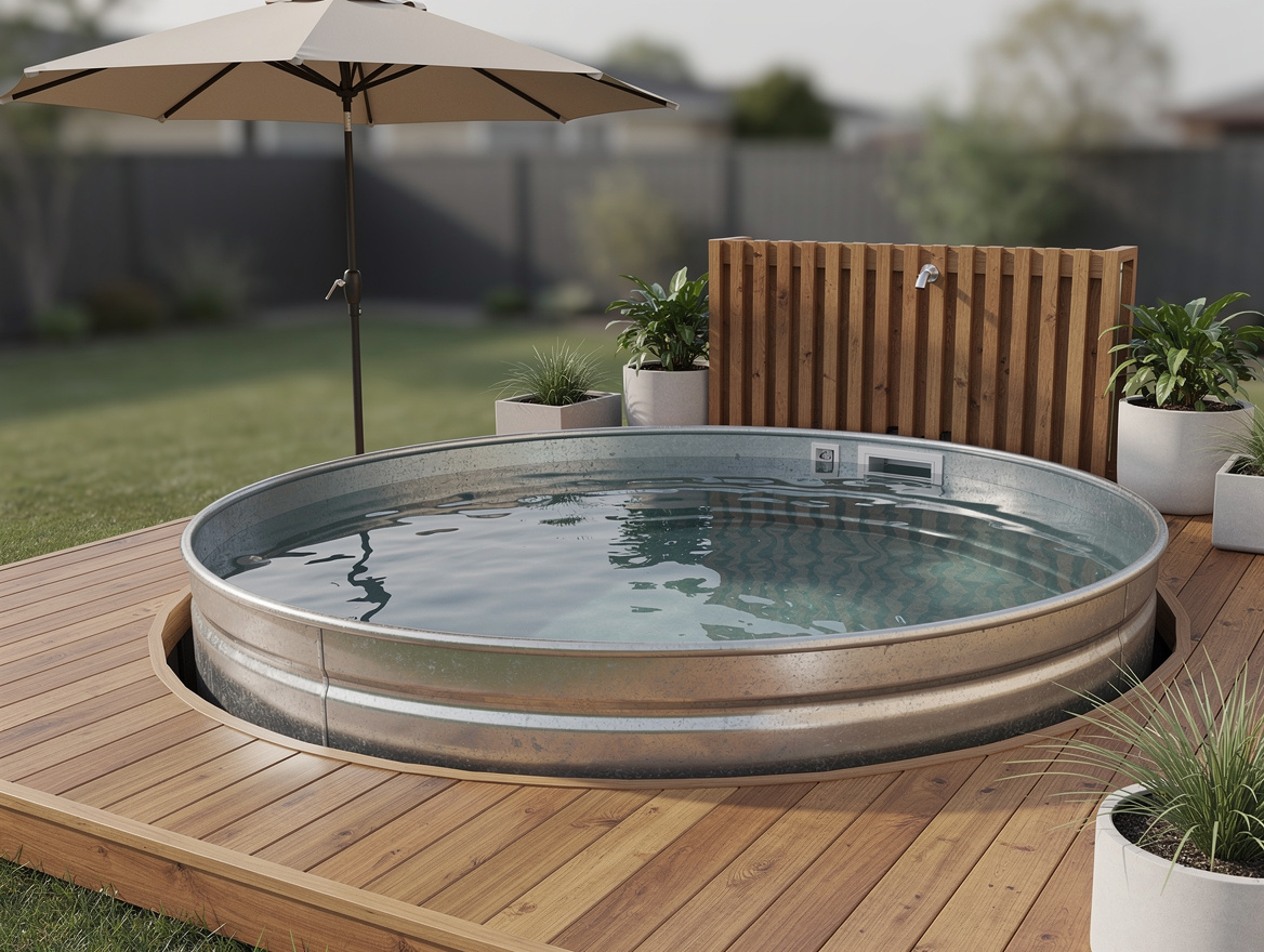 Medium shot of an 8-foot stock tank pool partially recessed into a flush wood de