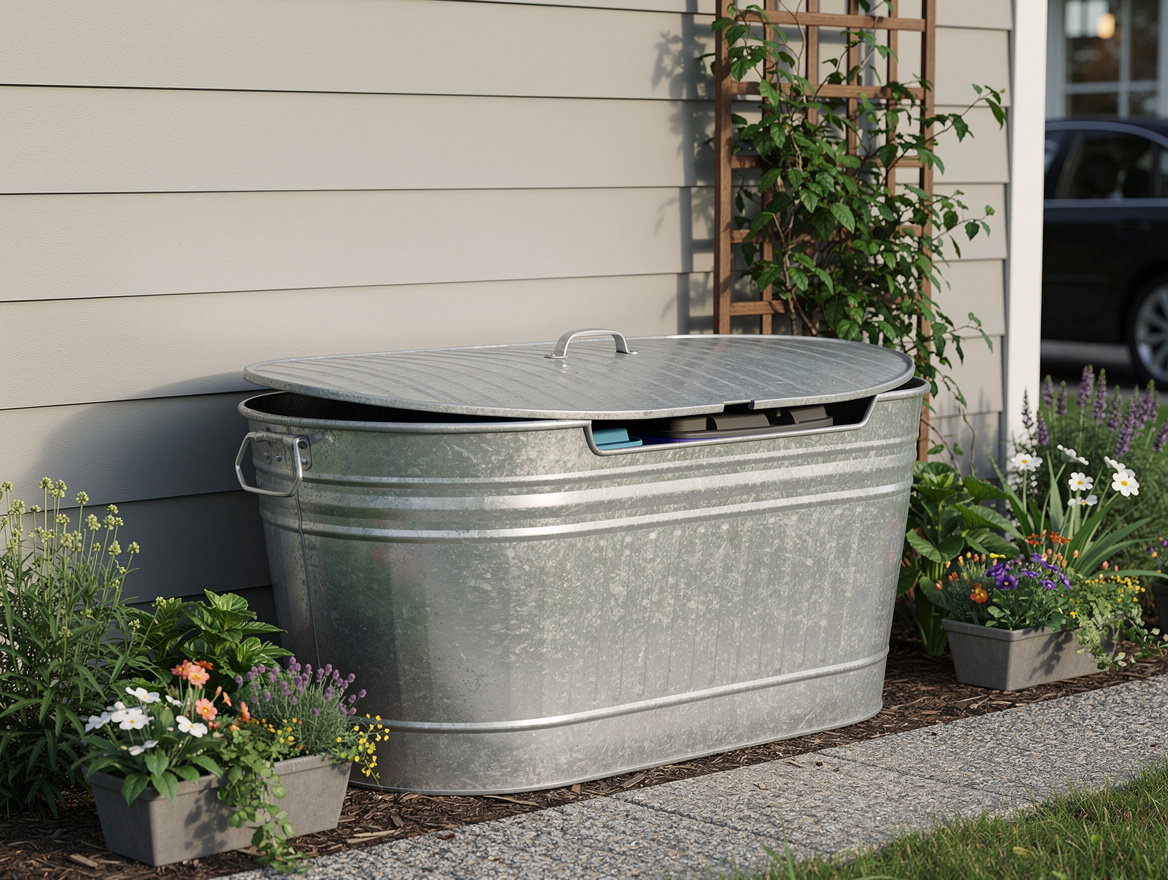 Medium shot of an oval galvanized stock tank beside a house, side opening partia
