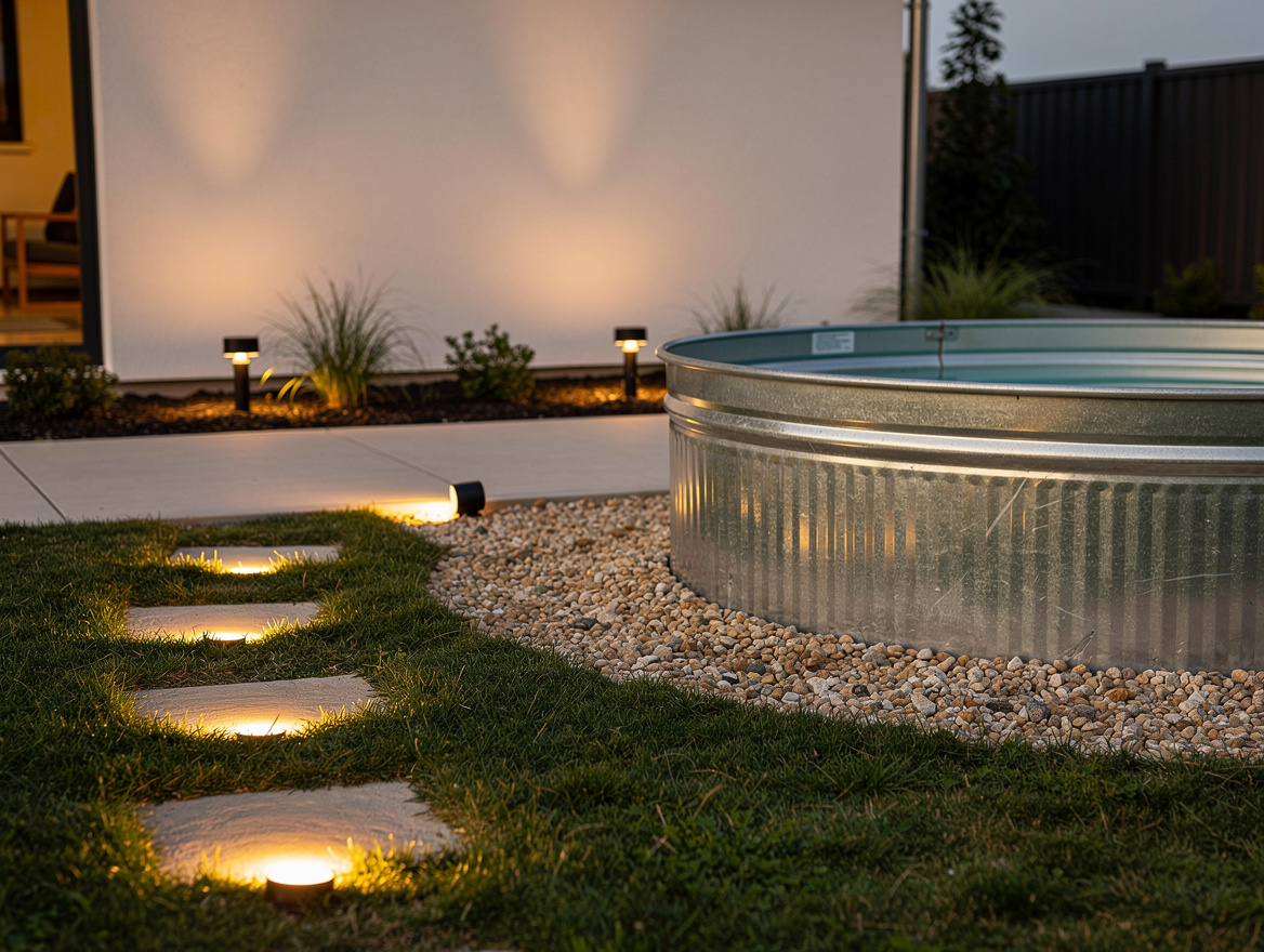 Medium shot of a galvanized stock tank pool with three low outdoor uplights aime