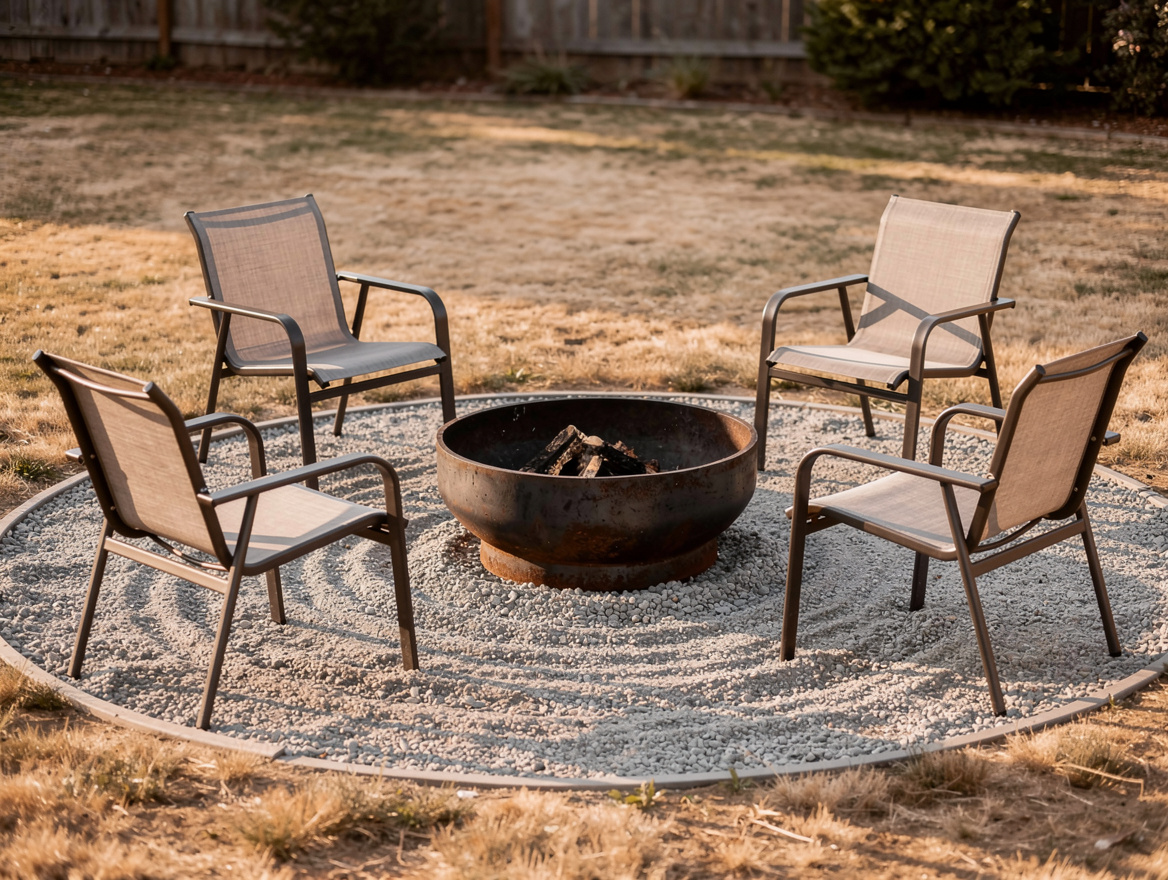 Medium-shot backyard scene with a steel ring fire pit set into a circular gravel