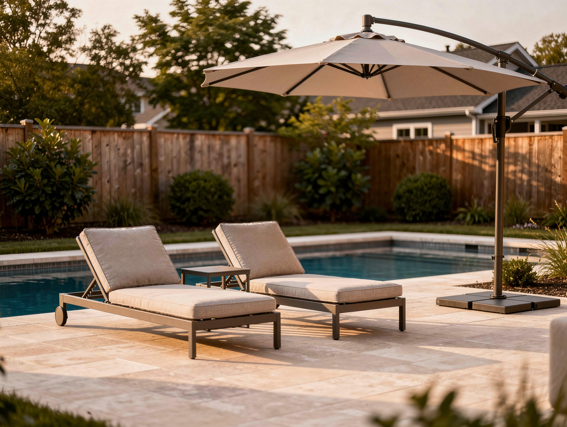Medium-shot photo of an American backyard pool seating area under a large offset