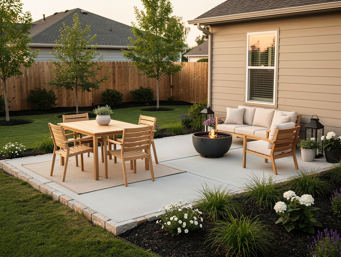 Medium shot of a small American backyard with multi-zone patio design, dining ar