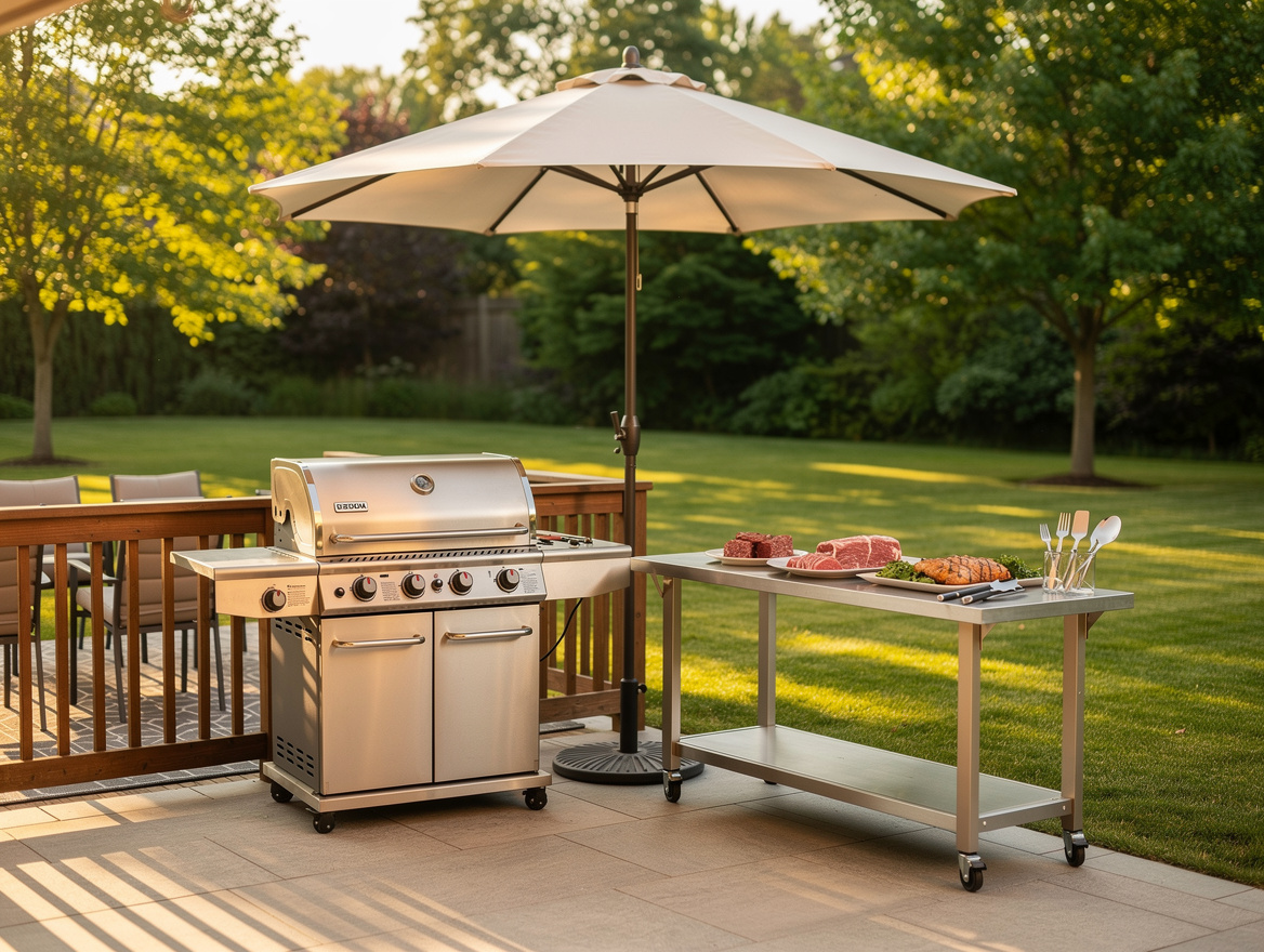 Medium shot of an American backyard patio with a gas grill placed safely away fr