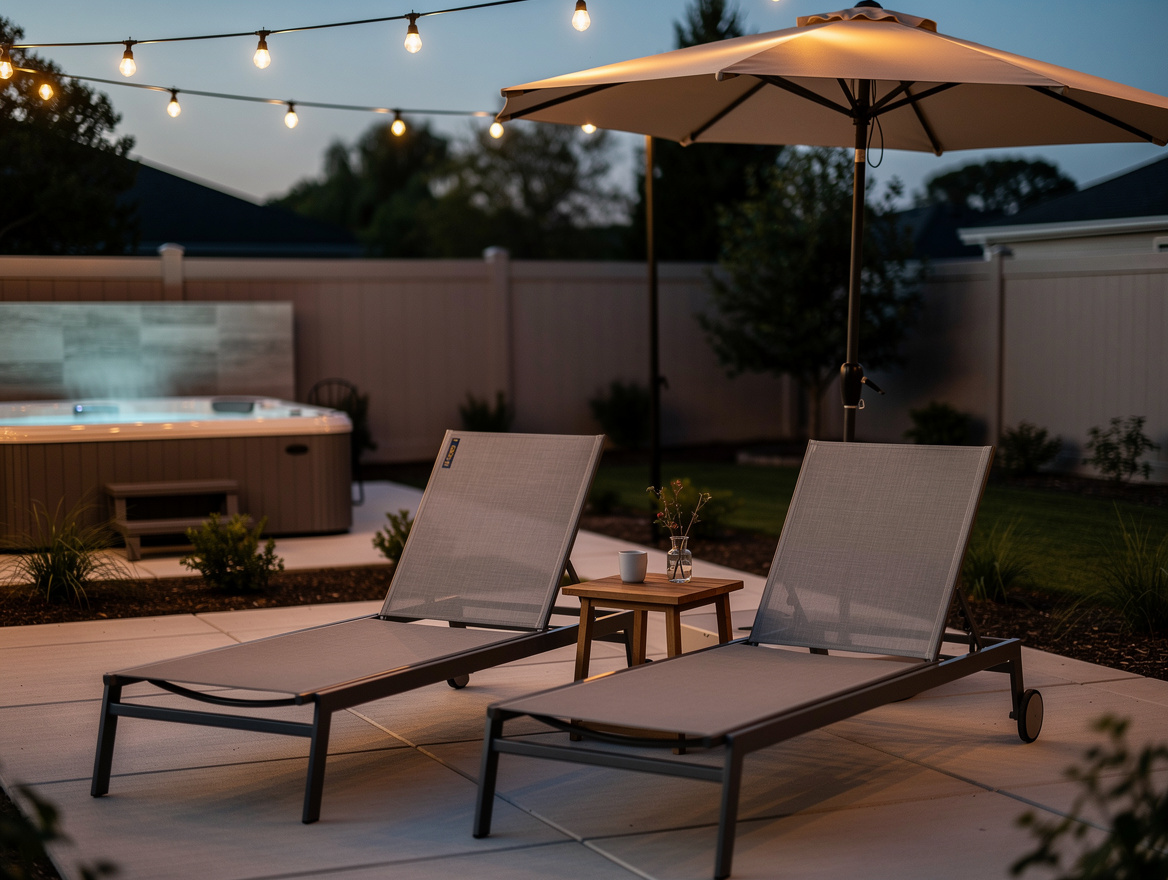 medium shot of backyard lounge zone with two aluminum textilene loungers, small