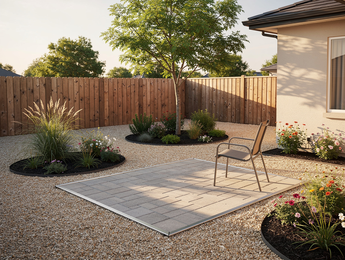 Medium-shot realistic backyard photo with a small paver patio, gravel lawn repla