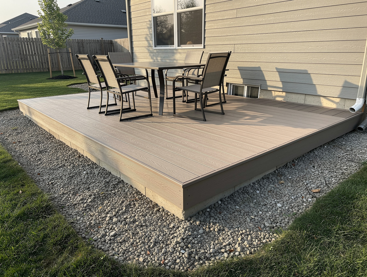 Medium shot of a backyard deck cleared of cushions, umbrellas, and stored items,