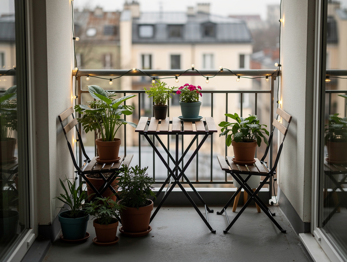 Realistic medium shot of a narrow apartment balcony with a folding bistro set, 4