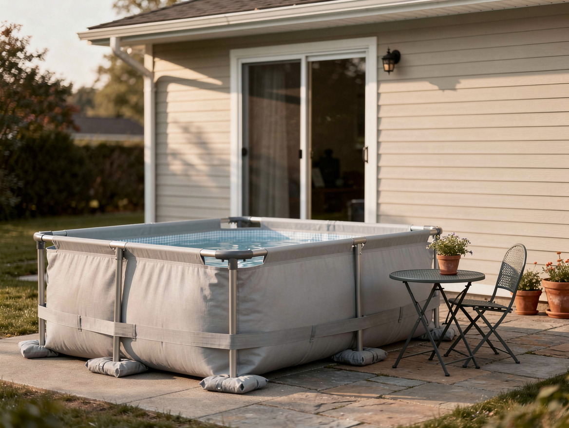 Medium-shot realistic photo of a soft-sided frame pool on a small patio beside a