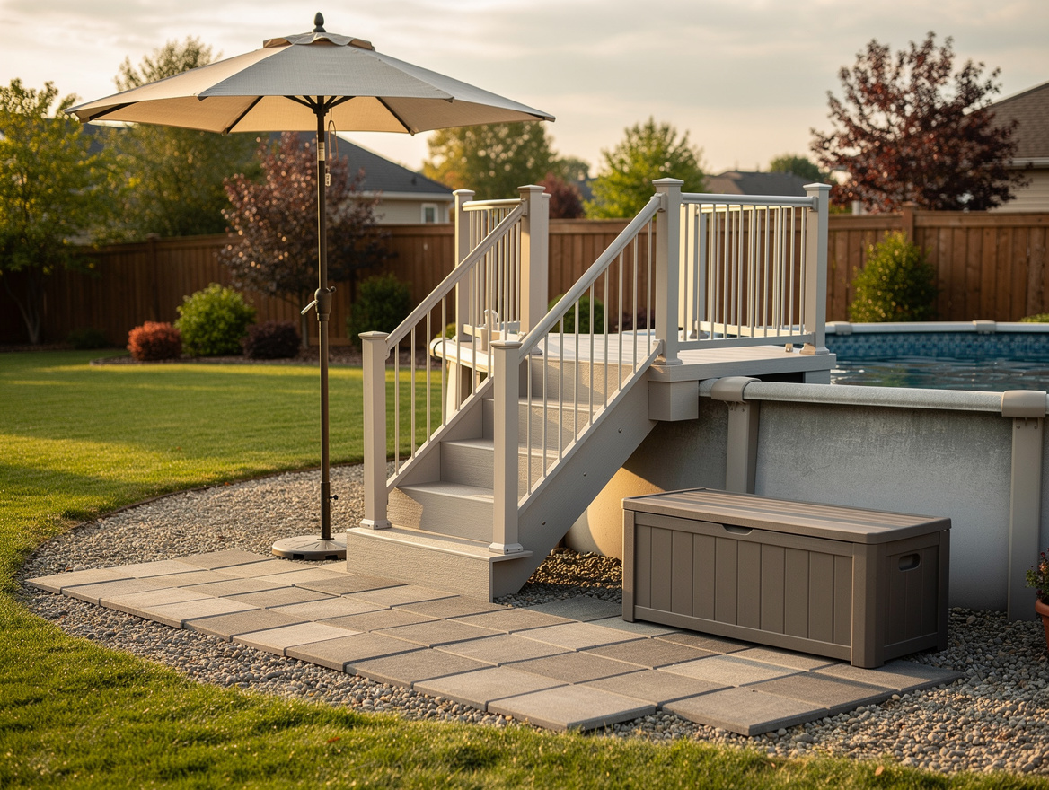 Medium shot of a freestanding resin step and landing system beside an above-grou